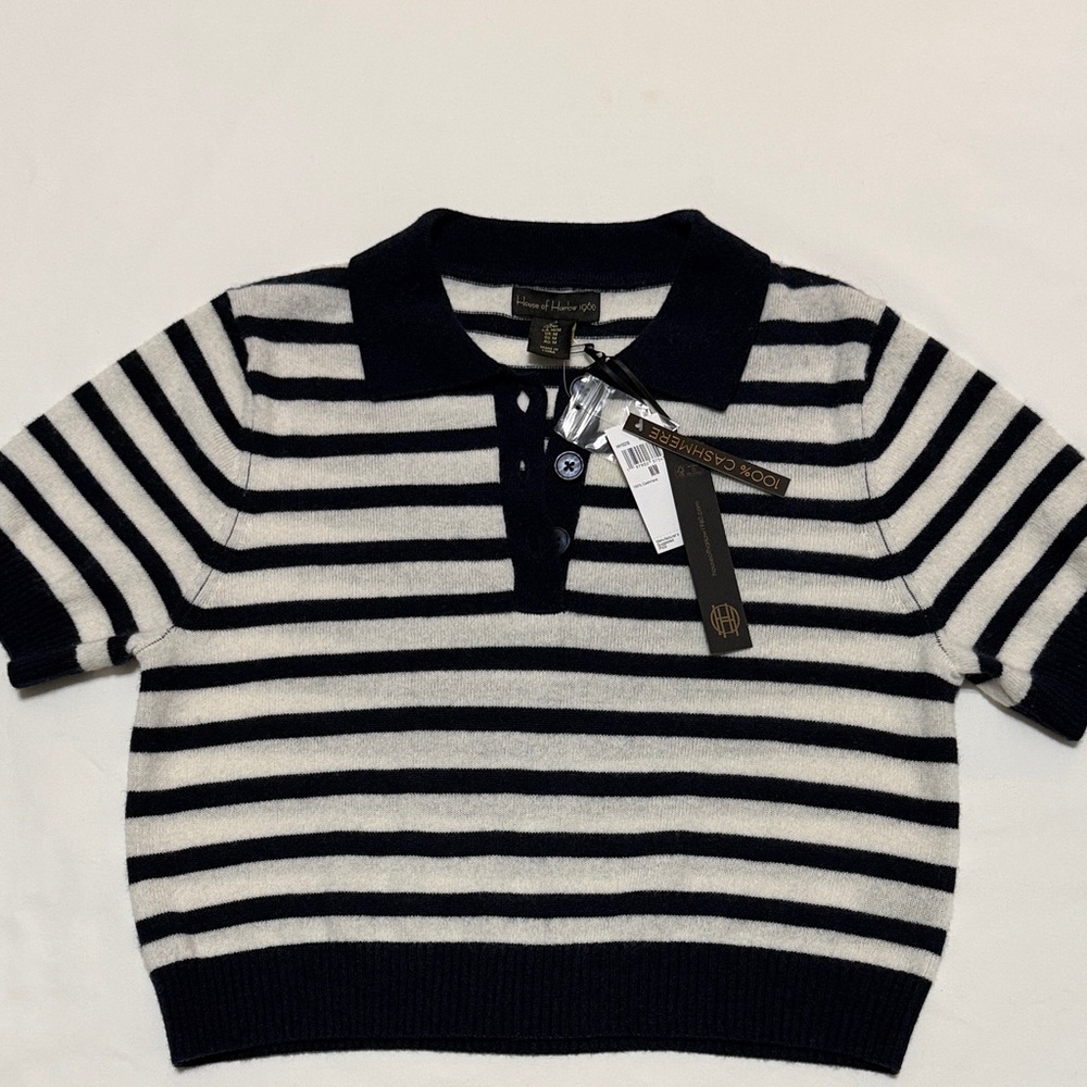 House of Harlow Navy/Ivory Striped 100% Cashmere Short Sleeve Polo Sweater M NWT